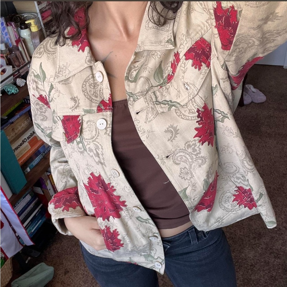 Floral Print Button-Up Jacket - Beige with Red Flowers